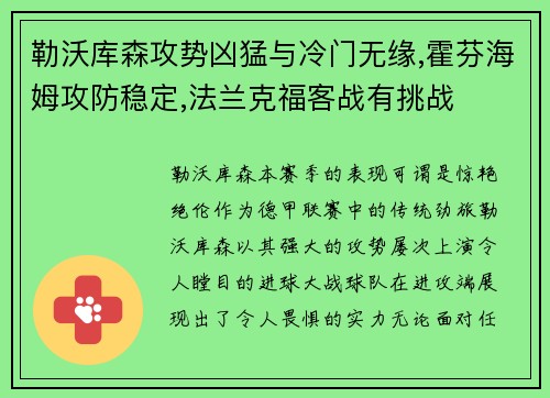 勒沃库森攻势凶猛与冷门无缘,霍芬海姆攻防稳定,法兰克福客战有挑战