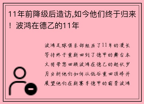 11年前降级后造访,如今他们终于归来！波鸿在德乙的11年